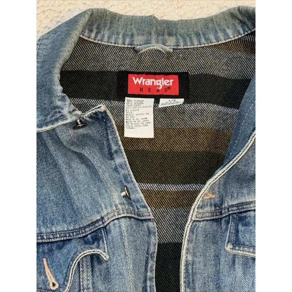 Vintage Men's Wrangler Plaid Flannel Lined Denim Western Trucker Jacket Sz L